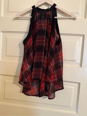 BCBGeneration Red and Black Plaid Halter High-Low Top